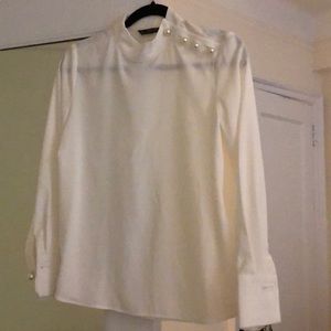 Zara mock neck white blouse with pearl details